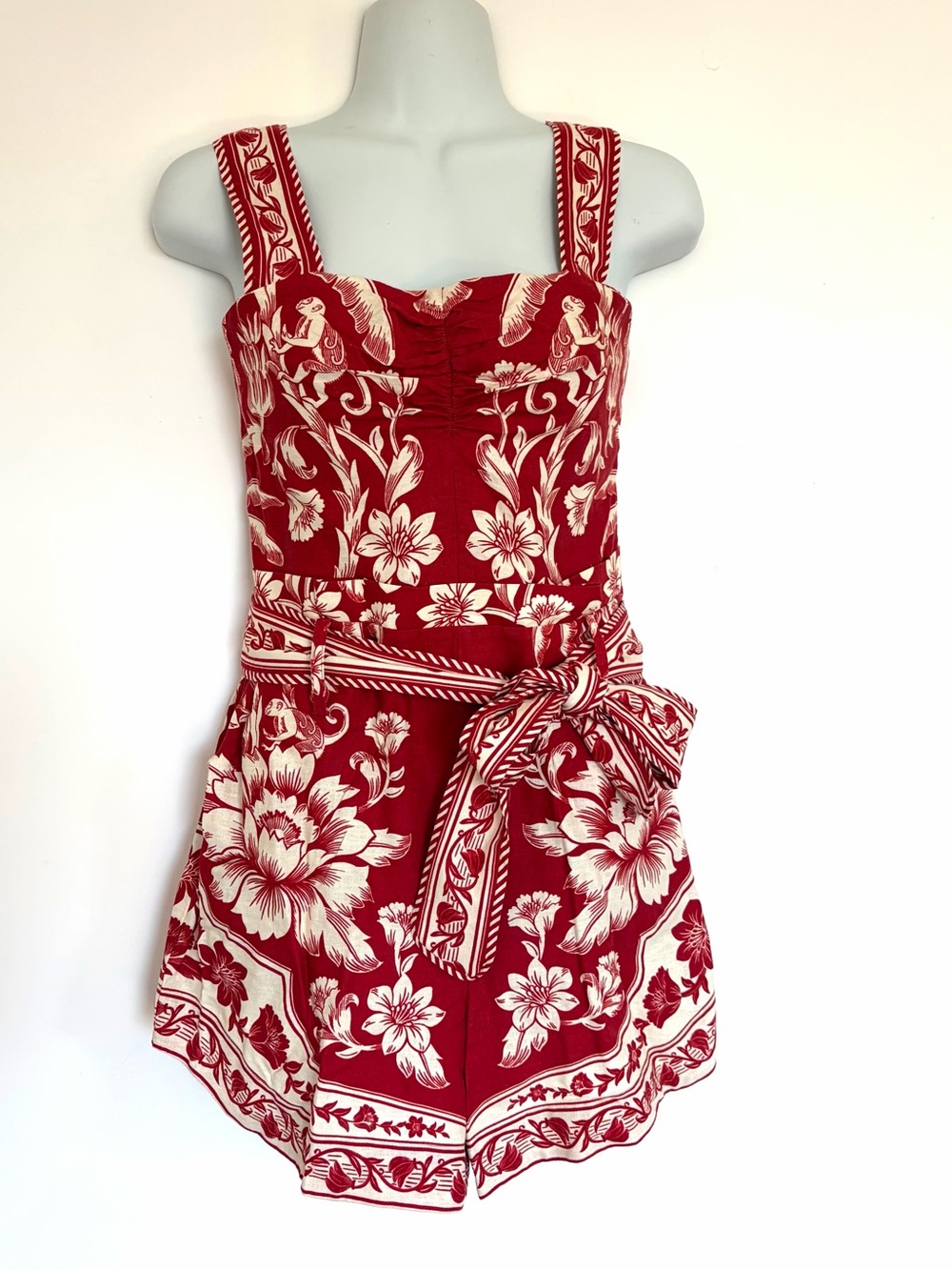 FARM Rio Red and Cream Floral Printed Strap Romper with pockets